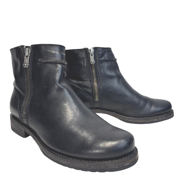 Frye Veronica Seam Short Black Leather Ankle Boots Double Side Zip Size 6.5